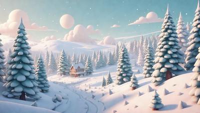The primary subject of the image is a snowy landscape with a house and trees. The setting is a wintery environment with snow covering the ground and trees. The visual style is a digital art or illustration, creating a whimsical and imaginative atmosphere. The colors and mood are predominantly white and cold, with a touch of warmth from the house and trees.